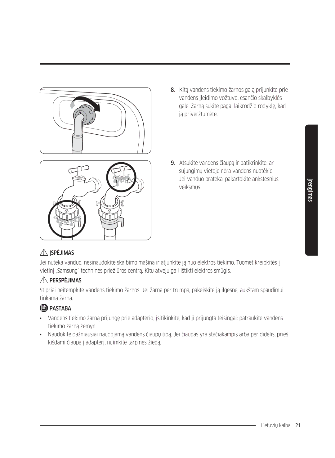 Samsung WW70K5210UX/LE, WW80K5410UW/EO, WW80K5410UW/LV, WW80K5210UW/LE, WW90K5410WW/LE, WW70K5410UW/LE manual Lietuvių kalba 21  